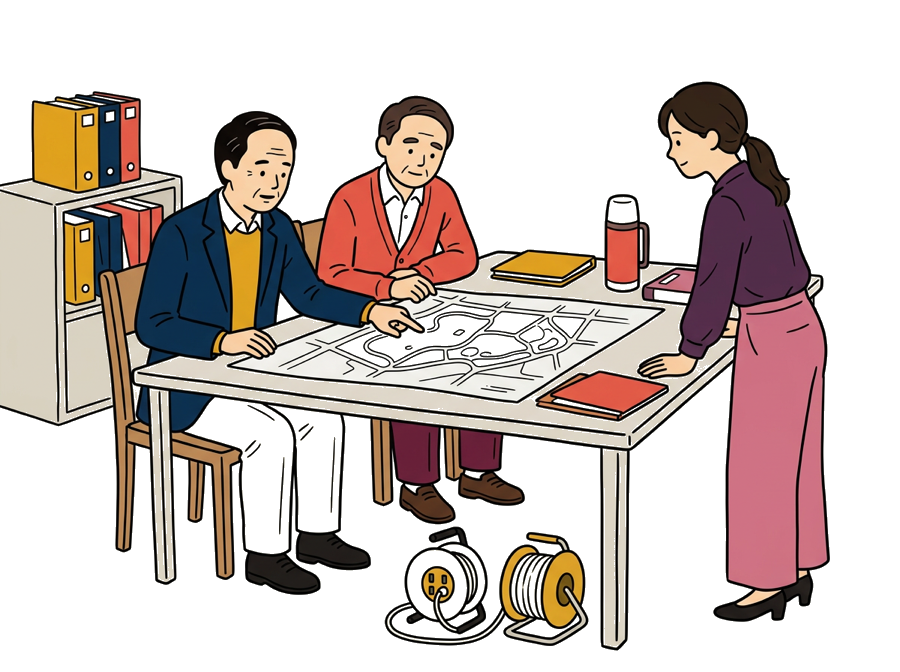 公民館で相談している町内会の3人