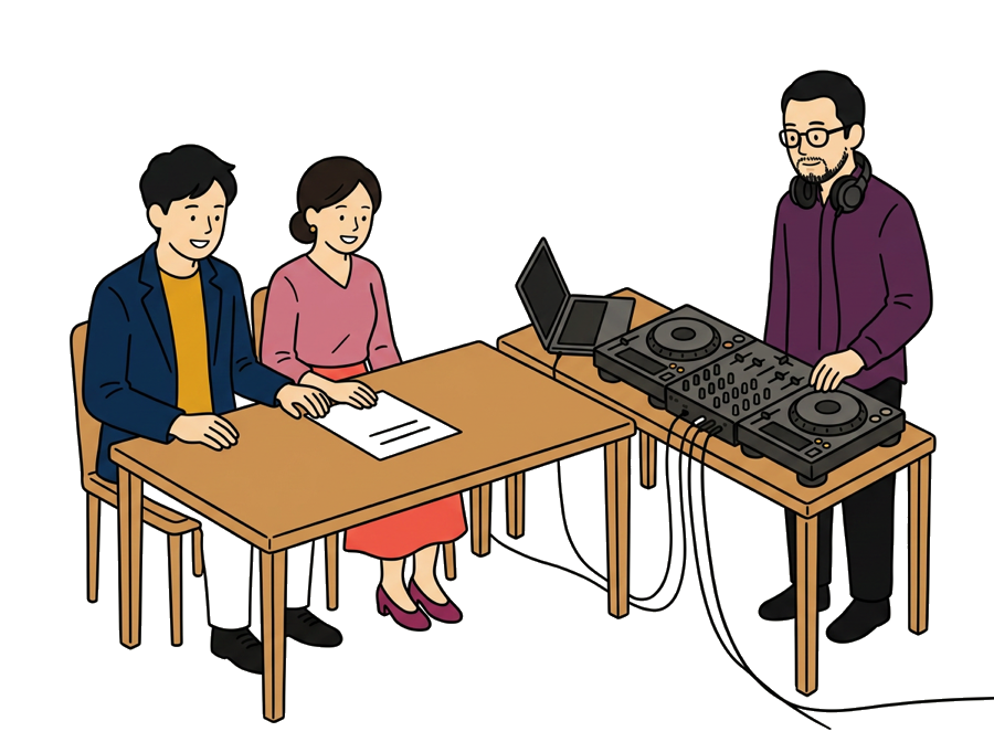 曲の相談をしている新郎新婦と担当者