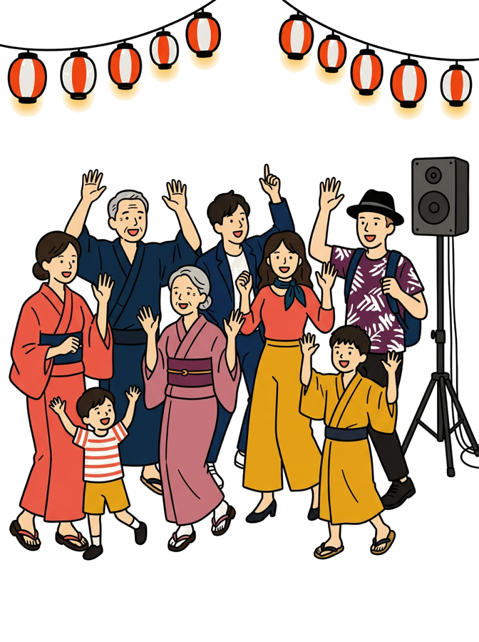 やぐらの前で世代が混ざって踊っている様子