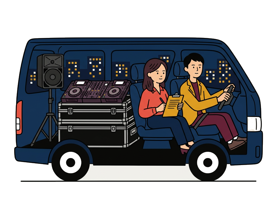 夜、機材を積んで会場へ向かう車内