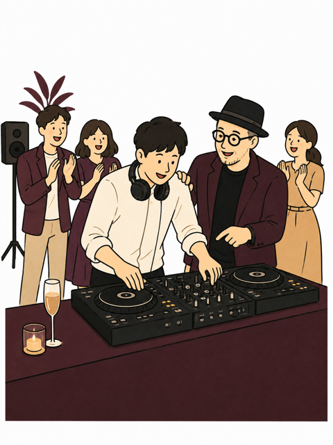 人前でDJをする受講生と、横で見守る講師、拍手する来場者