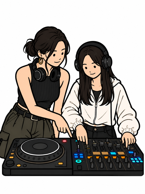 講師が指をさしながら、受講生にDJ機材の操作を教えている様子
