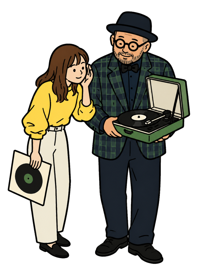 レコードを持つ受講生と、ポータブルターンテーブルを差し出す講師