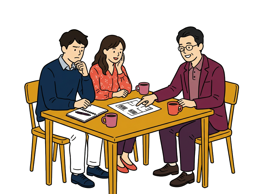 カフェで打ち合わせをしている新郎新婦と担当者