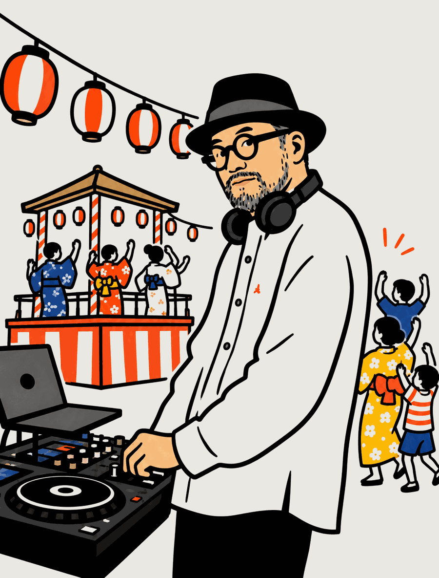 夏祭りのやぐらの前でDJが場を盛り上げるイラスト