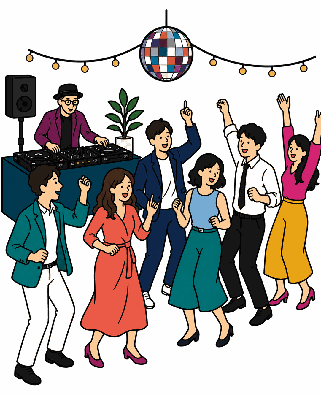 DJの音楽で盛り上がるパーティーのイラスト